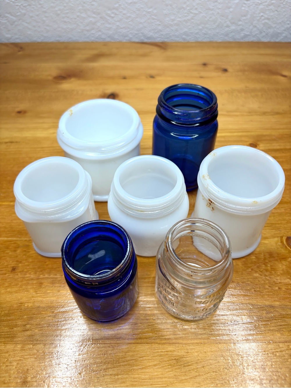 Vintage Milk Glass Cobalt Blue Triangle Rainbow Jars Ponds Vicks Mix Lot Of 7